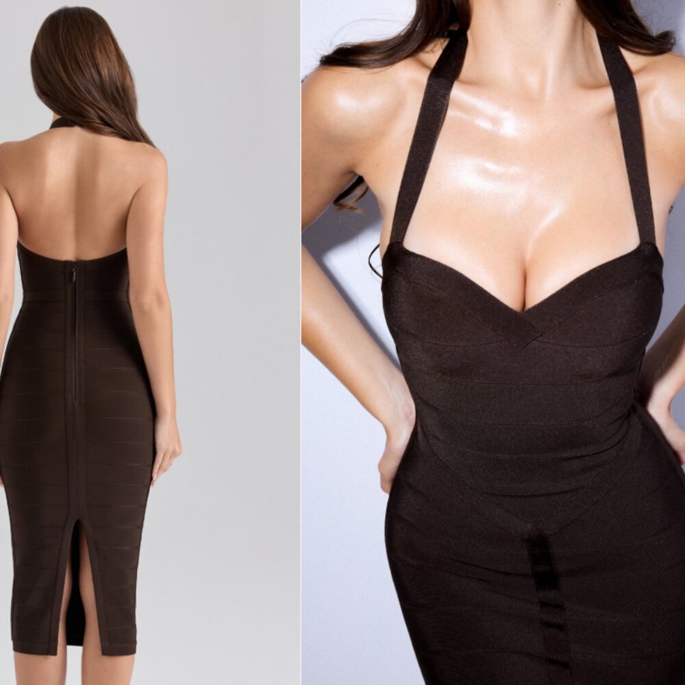 House of CB 'The Supermodel' chocolate halter midi bandage dress NWT - Picture 3 of 9